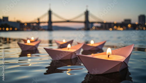 Tranquil paper boats with candles drifting on water, personal reflection photo