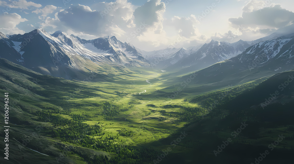 Panoramic view of a majestic valley in the mountains. Majestic Valley. Illustration Panoramic view of a majestic valley in the mountains. Majestic Valley. Illustration