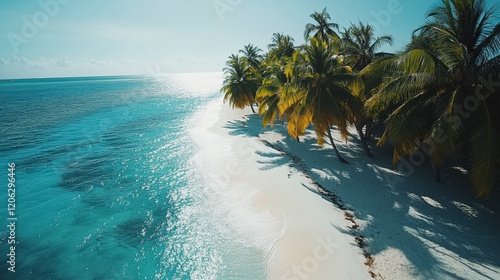 la mer bleu azur des maldives, les plages de sable blanc et les palmiers, le soleil brille dessus. la plage est recouverte de sable fin, entourée d'eau cristalline photo