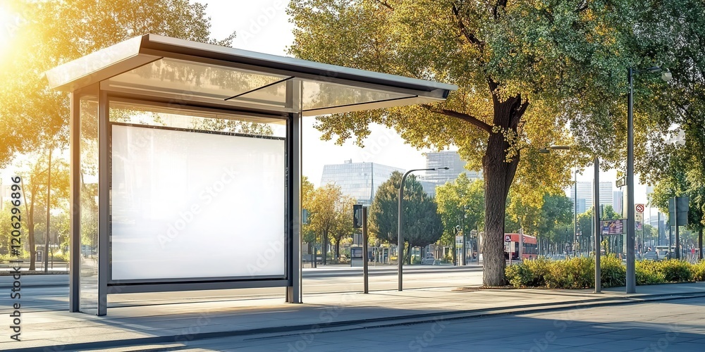 Fototapeta premium A modern bus stop with clear glass walls and blank white posters on the inside, set against an urban street background with trees in the distance. 
