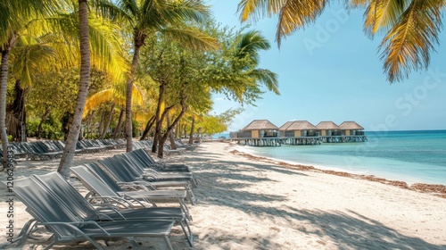 la mer bleu azur des maldives, les plages de sable blanc et les palmiers, le soleil brille dessus. la plage est recouverte de sable fin, entourée d'eau cristalline photo