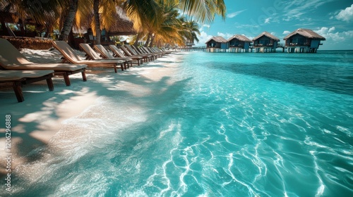 la mer bleu azur des maldives, les plages de sable blanc et les palmiers, le soleil brille dessus. la plage est recouverte de sable fin, entourée d'eau cristalline photo