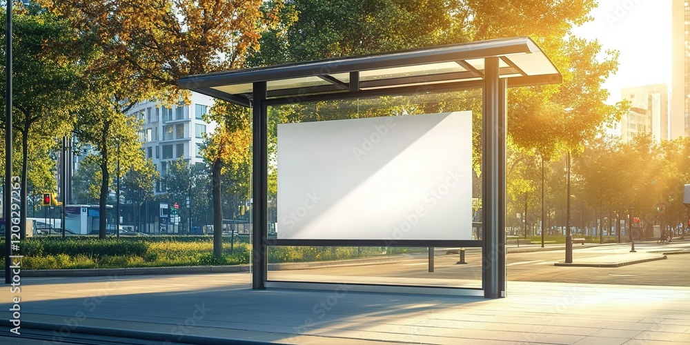 Fototapeta premium A modern bus stop with clear glass walls and blank white posters on the inside, set against an urban street background with trees in the distance. 