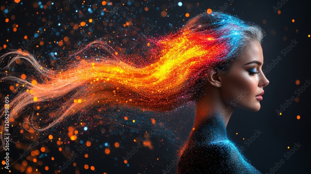 Duality Of Creativity Woman With Flowing Colorful Light Trail Hair, Dark Abstract Background Duality Of Creativity Woman With Flowing Colorful Light Trail Hair, Dark Abstract Background