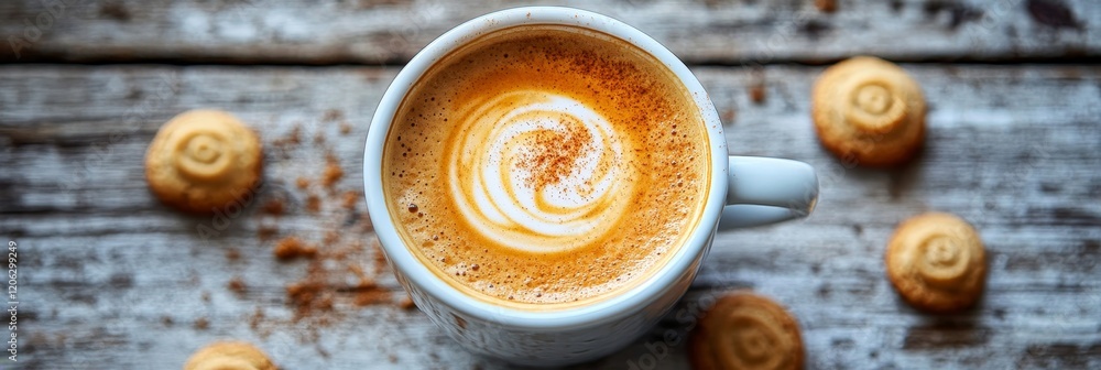 Rustic Coffee Delight Steaming Latte Art with Nutmeg, Surrounded by Sweet Cookies on a Wooden Table Rustic Coffee Delight Steaming Latte Art with Nutmeg, Surrounded by Sweet Cookies on a Wooden Table