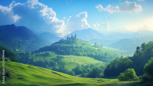 A serene landscape featuring rolling hills, lush greenery, and a majestic castle under a bright blue sky, perfect for fantasy themes. Majestic Valley. Illustration