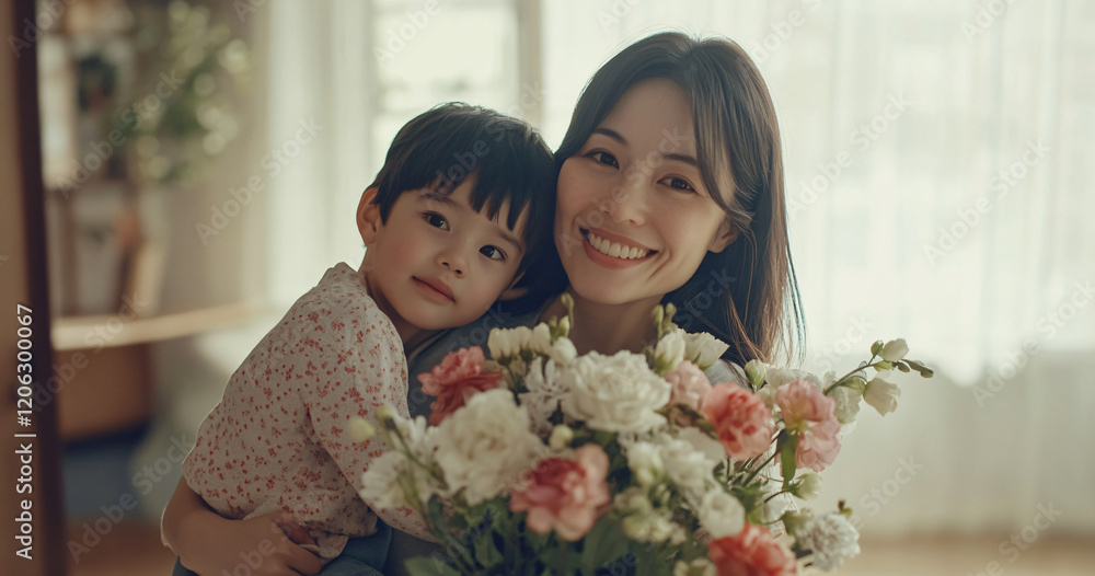 A smiling Asian mother cherishes a touching moment with her children, holding flowers and sharing a warm embrace in a cozy home. Heartfelt scene celebrates the bond and love of family on Mother’s Day. A smiling Asian mother cherishes a touching moment with her children, holding flowers and sharing a warm embrace in a cozy home. Heartfelt scene celebrates the bond and love of family on Mother’s Day.