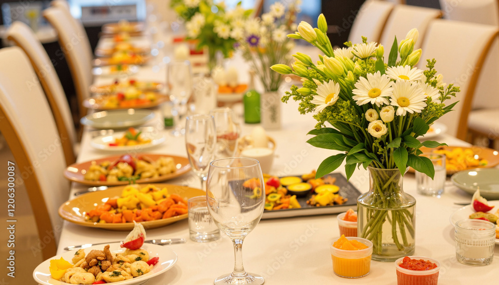 Joyful gathering around elegant dinner table with flowers, cultural celebration