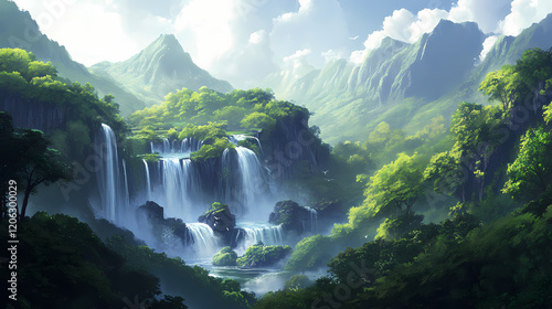 Long exposure of a majestic waterfall cascading into a lush green valley. Majestic Valley. Illustration