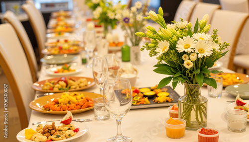 Obraz na płótnie Joyful gathering around elegant dinner table with flowers, cultural celebration w salonie