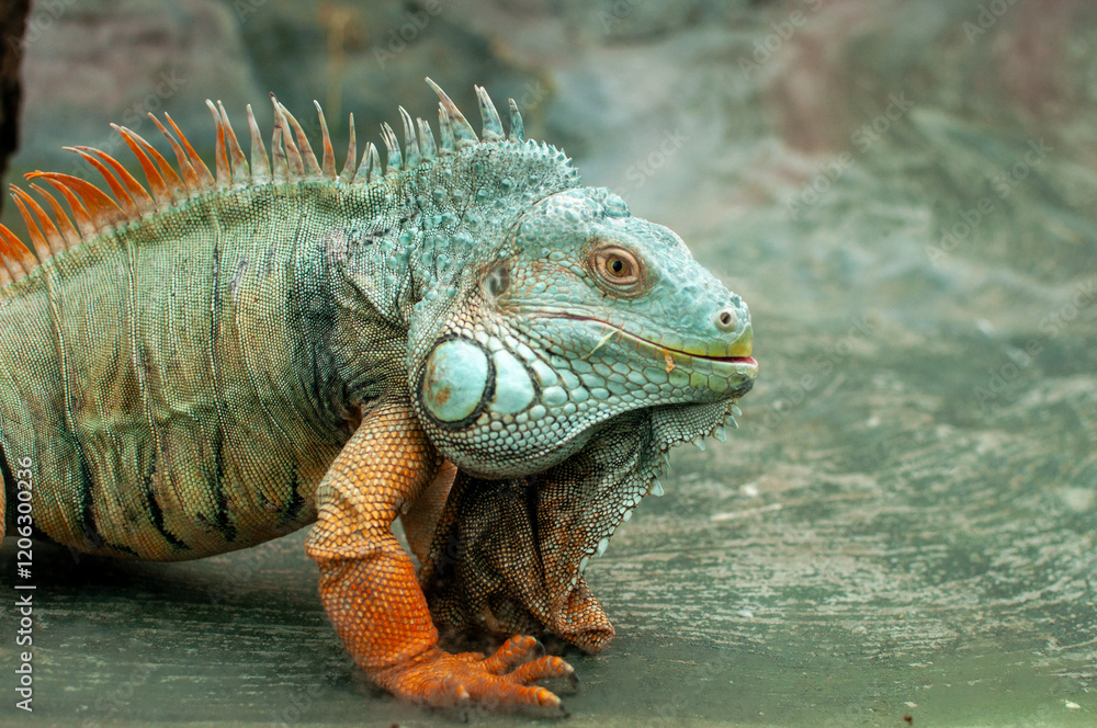 Fototapeta premium A detailed close-up portrait of a green iguana showcasing its distinctive features. The image highlights the iguana's textured skin, spiky crest along its back, and expressive eyes