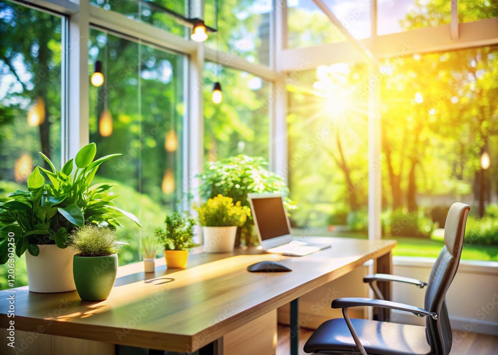 Modern Office with Panoramic Nature View, Bokeh Background, Desk Setup Modern Office with Panoramic Nature View, Bokeh Background, Desk Setup