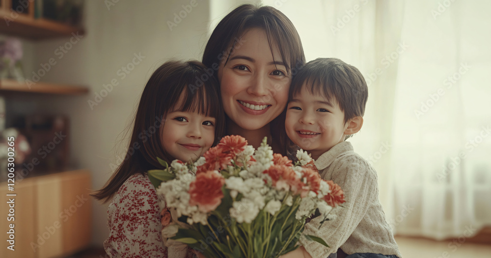 A smiling Asian mother cherishes a touching moment with her children, holding flowers and sharing a warm embrace in a cozy home. Heartfelt scene celebrates the bond and love of family on Mother’s Day. A smiling Asian mother cherishes a touching moment with her children, holding flowers and sharing a warm embrace in a cozy home. Heartfelt scene celebrates the bond and love of family on Mother’s Day.