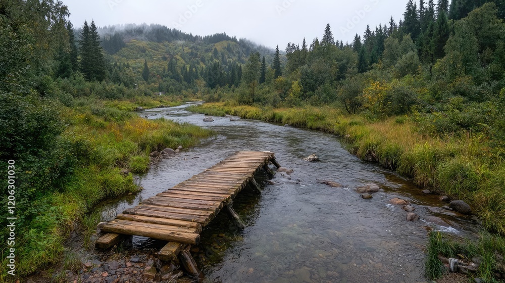 Rustic wooden bridge over calm river in misty mountain valley Rustic wooden bridge over calm river in misty mountain valley
