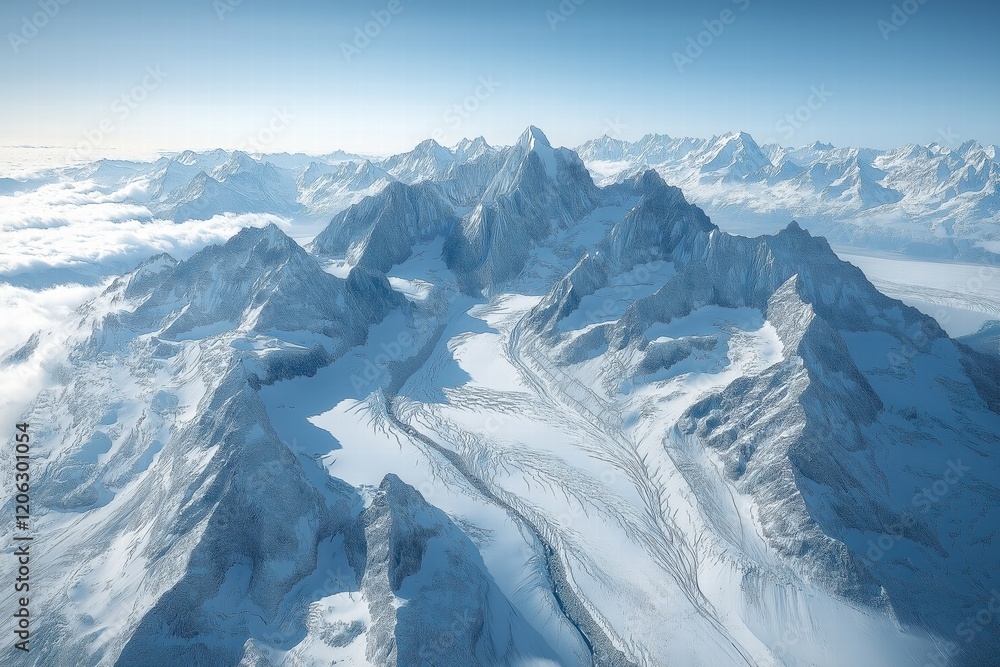 Fototapeta premium Snowy mountain range under clear sky with glaciers visible in daylight