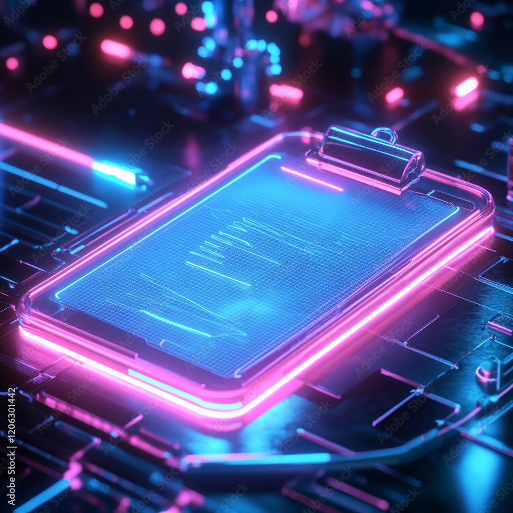 Neon glowing digital clipboard in futuristic cyberpunk setting with circuit background Neon glowing digital clipboard in futuristic cyberpunk setting with circuit background