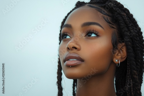 A beautiful Black woman with box braids hairstyle, ear piercings, and minimal makeup, looking to the side, against a white background photo