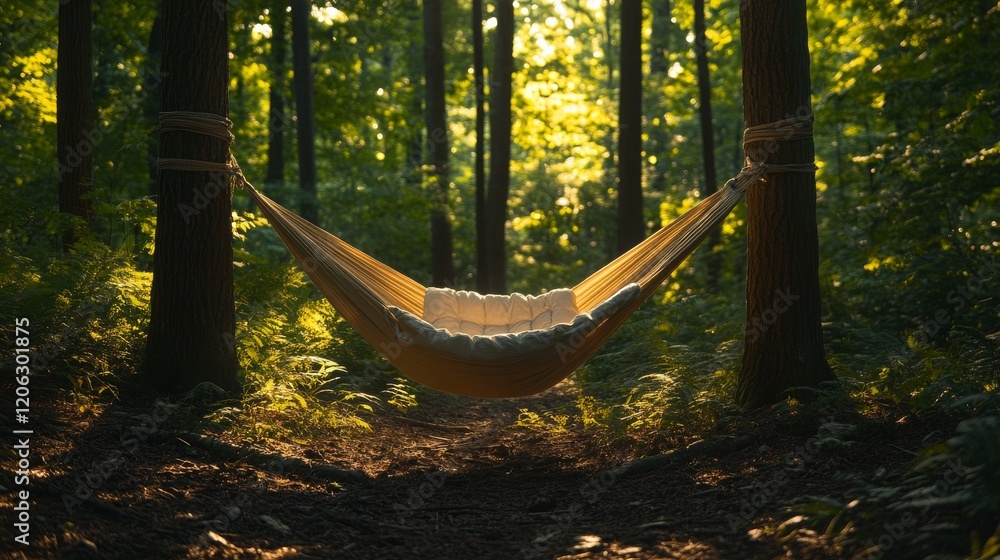 Obraz premium A hammock strung between two trees in a lush forest, with soft sunlight streaming through the canopy above.