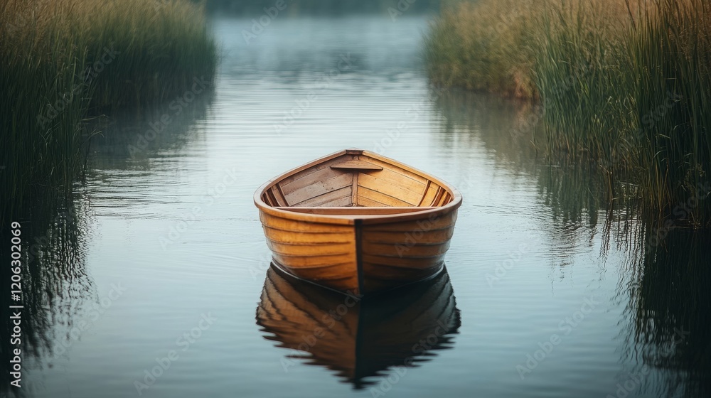 A small wooden boat floating gently on a tranquil river surrounded by tall reeds and soft morning light. A small wooden boat floating gently on a tranquil river surrounded by tall reeds and soft morning light.