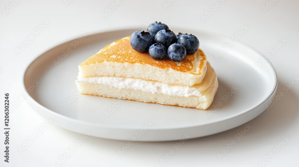 Fluffy pancake slice with blueberries and cream on plate