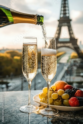 Champagne is poured into a glass on the background of Paris. Selective focus