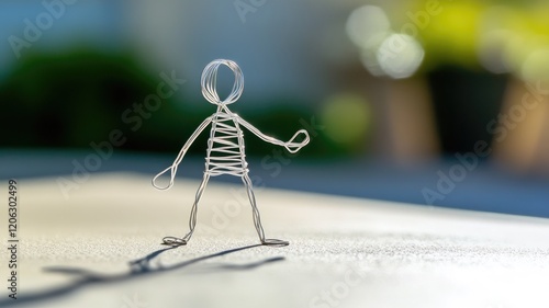 Simple wire figure stands on smooth surface, surrounded by blurred background