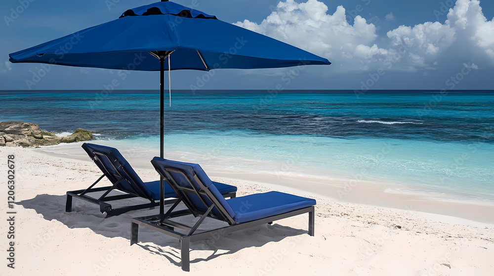 Two lounge chairs under a blue beach umbrella on a white sandy beach with clear blue water. Sapphire Sea. Illustration Two lounge chairs under a blue beach umbrella on a white sandy beach with clear blue water. Sapphire Sea. Illustration