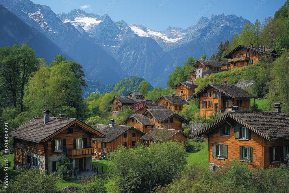 Scenic mountain village with wooden chalets surrounded by lush greenery and snow-capped peaks Scenic mountain village with wooden chalets surrounded by lush greenery and snow-capped peaks