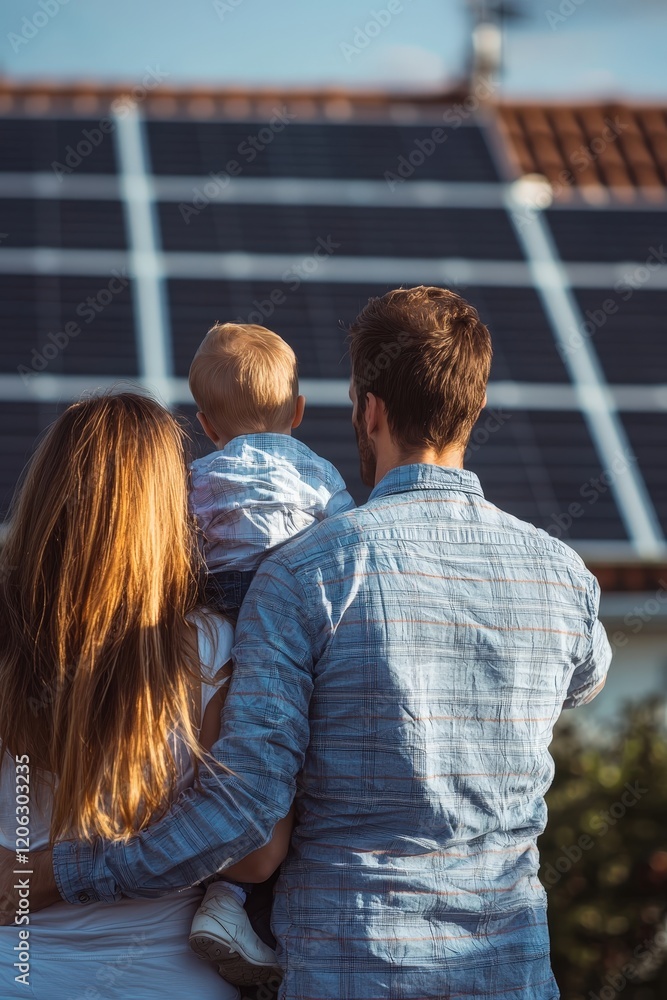 Obraz premium happy family on the background of solar panels. Selective focus