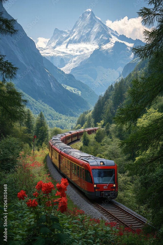 Fototapeta premium Scenic train journey through majestic mountains with vibrant flowers in foreground