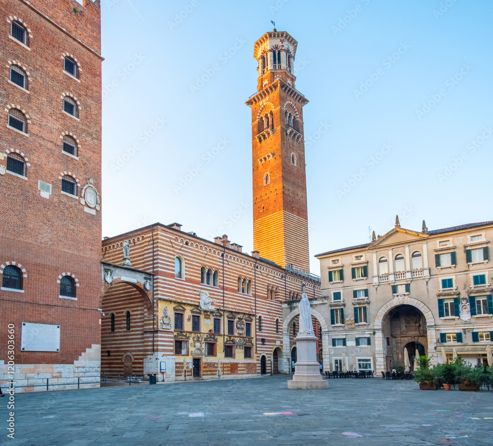 Fototapeta premium Verona old town square Piazza dei Signori with Dante Alighieri statue, Lamberti tower and Palazzo della Ragione with nobody, Veneto, Italy. Italian square with classic architecture