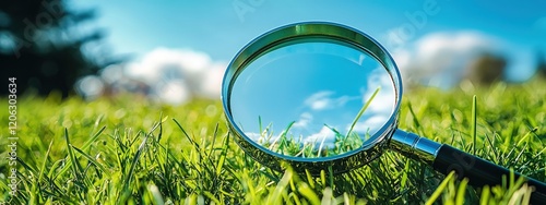 magnifying glass green grass blue sky. Selective focus photo