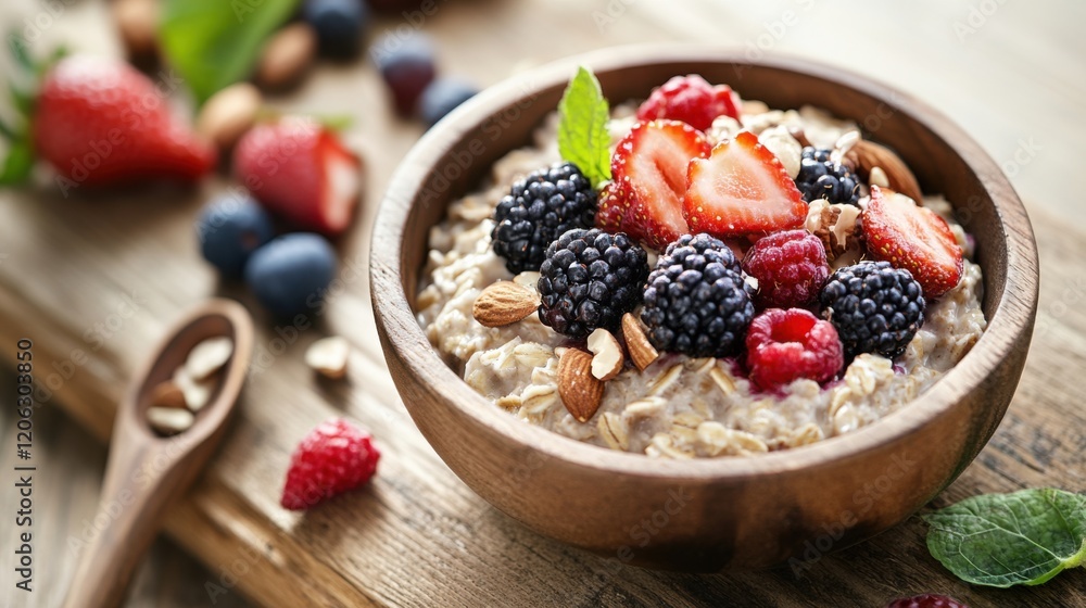 A healthy breakfast setup, featuring oatmeal, fresh berries A healthy breakfast setup, featuring oatmeal, fresh berries