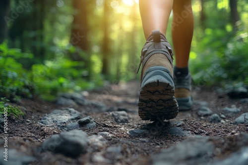 Close-up of a feet in hiking shoes walking on a forest trail, low-angle view, sunlight filtering through the trees