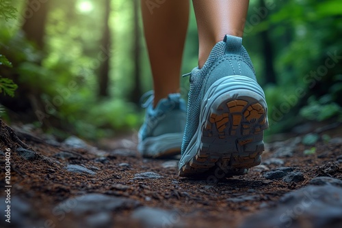Close-up of a feet in hiking shoes walking on a forest trail, low-angle view, sunlight filtering through the trees
