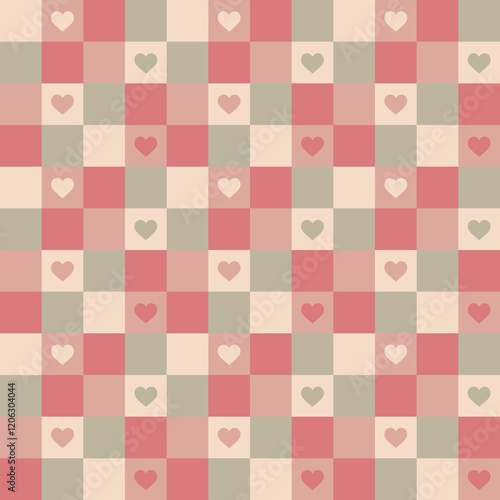 Pastel coloured seamless Valentine's Day checkered heart background pattern suitable for both digital and print projects, high resolution 300dpi versatile and stylish vday design, 3600x3600px (12