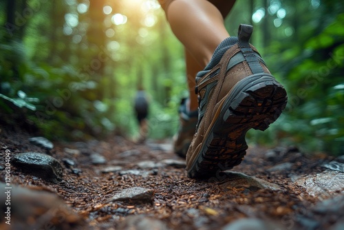 Close-up of a feet in hiking shoes walking on a forest trail, low-angle view, sunlight filtering through the trees
