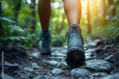 Close-up of a feet in hiking shoes walking on a forest trail, low-angle view, sunlight filtering through the trees