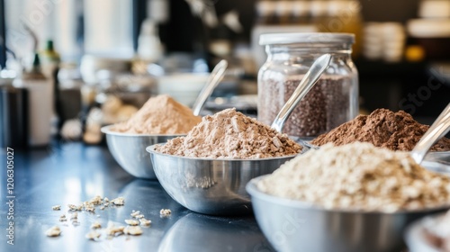 Various types of flour and powders displayed in metallic bowls on a kitchen counter with jars photo