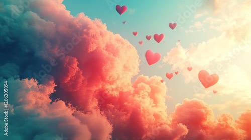 Beautiful colorful hearts in the clouds for Valentine's Day backgrounds, generative AI design.