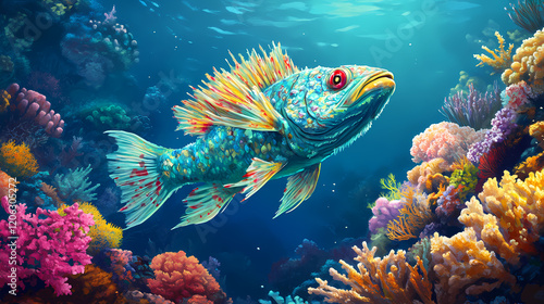 A vibrant, giant green-white fish swimming in deep azure sea surrounded by coral reefs at the ocean floor. Sapphire Sea. Illustration photo