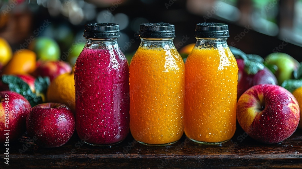 Bottles of vibrant fresh juices surrounded by fruit on a dark background Bottles of vibrant fresh juices surrounded by fruit on a dark background