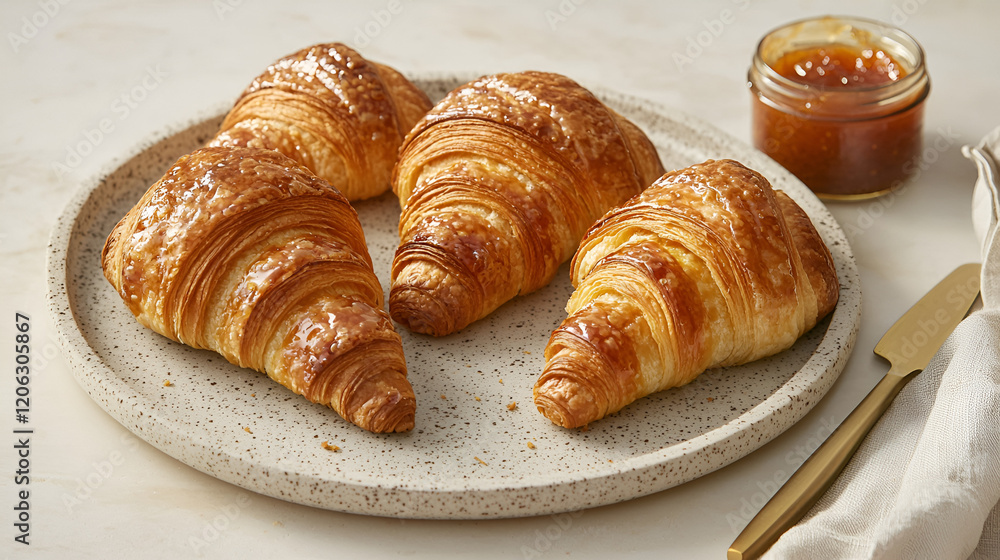 Four golden-brown croissants arranged on a speckled plate, alongside a jar of orange marmalade and a gold butter knife.