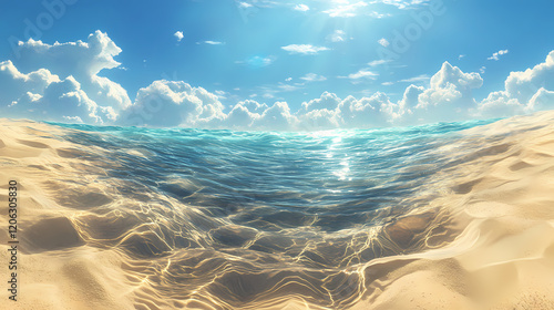 Beneath the surface, a luminous expanse of sapphire water, bathed in the radiant glow of the sun, descends into a shimmering abyss of undulating sand. Sapphire Sea. Illustration photo