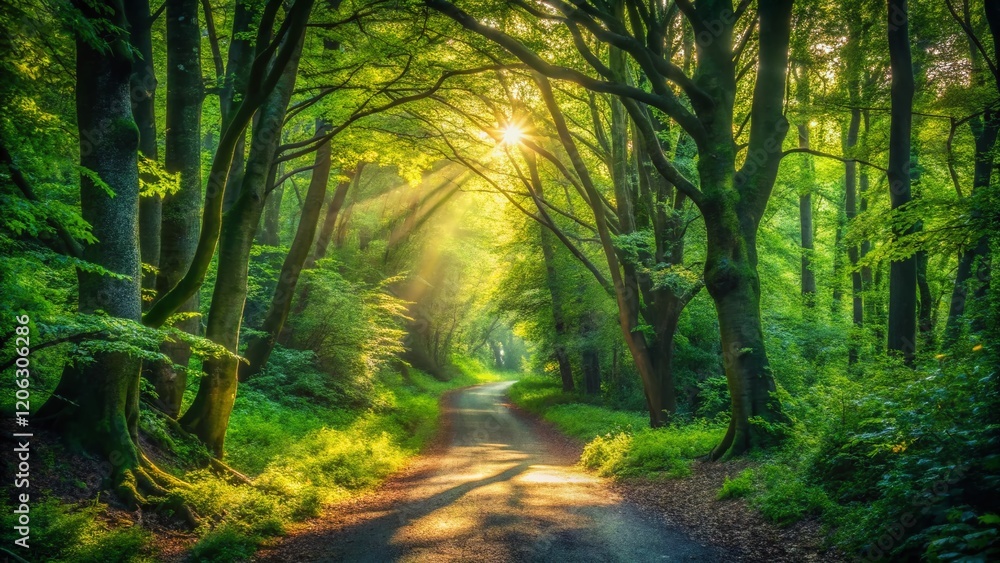 Fototapeta premium Mysterious Shady Forest Trail: Dark Woods Path Leading into Sunlight Stock Photo