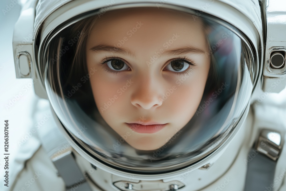 A young girl wearing an astronaut suit and helmet, looking directly at the camera with a curious expression. A young girl wearing an astronaut suit and helmet, looking directly at the camera with a curious expression.