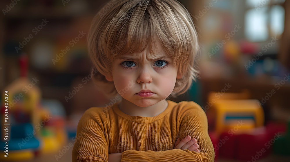 An Expressive Child Showcasing Displeasure in a Cozy Playroom During Late Afternoon Sunlight An Expressive Child Showcasing Displeasure in a Cozy Playroom During Late Afternoon Sunlight