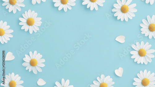 Flat lay mockup for text with pastel daisies on a blue background