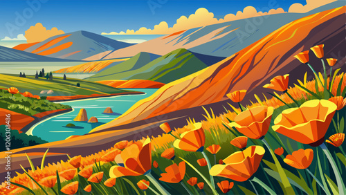 - LAKE ELSINORE, CA, USA - "Super Bloom" California Poppies in Walker Canyon outside of Lake Elsinore, Riverside 