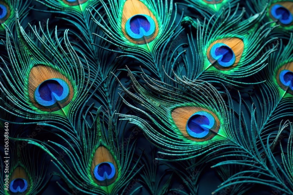 Obraz premium Intricate peacock feather pattern, swirling vibrant blues and greens , texture, graphic